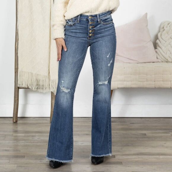 Judy Blue Flare Trouser Jeans Womens 11/30 High Rise Buttonfly Dark Wash Raw Hem - Picture 1 of 16